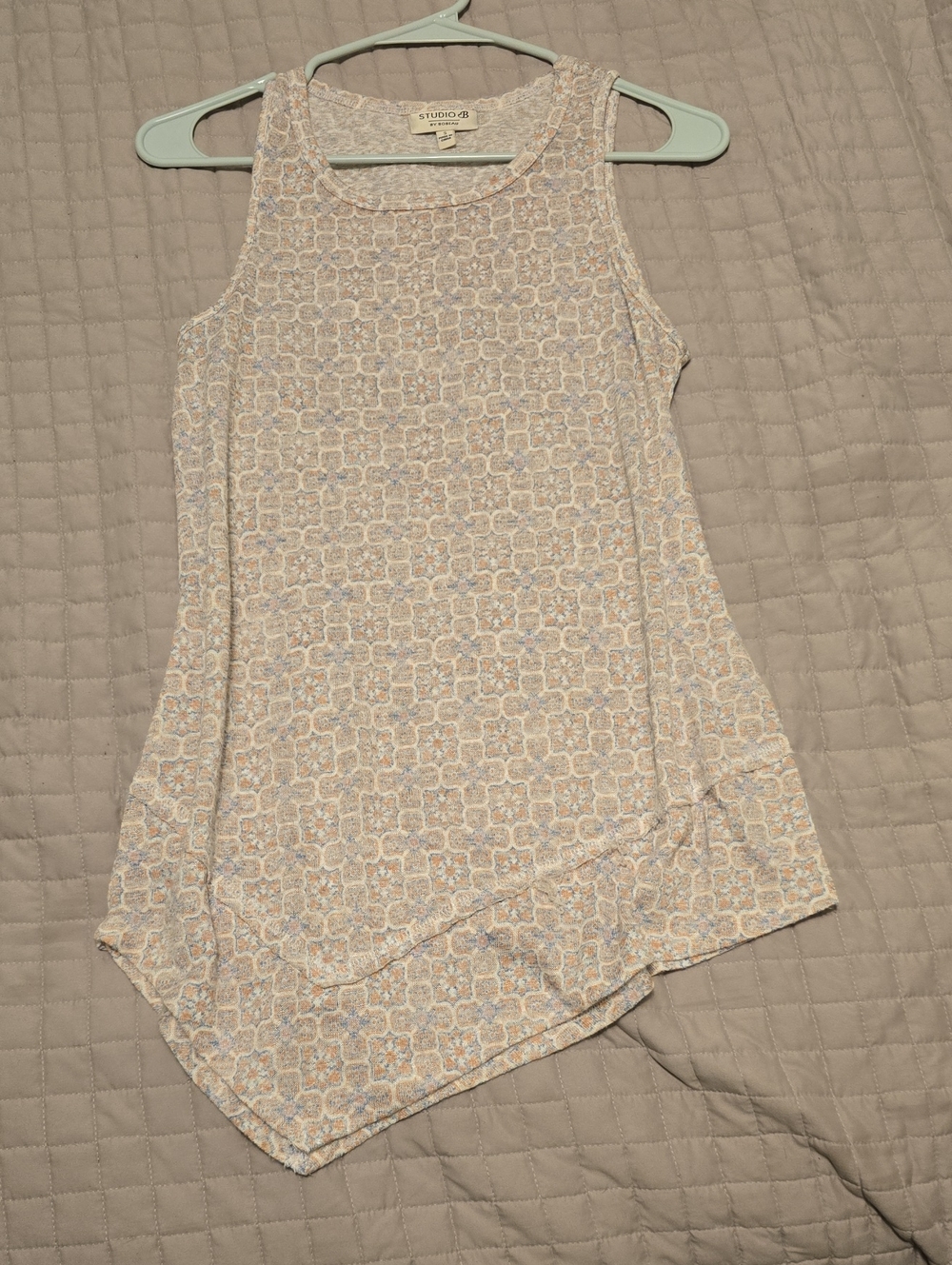 Studio Sleeveless Asymmetric Tank in Cream and Light Blue Tile Print